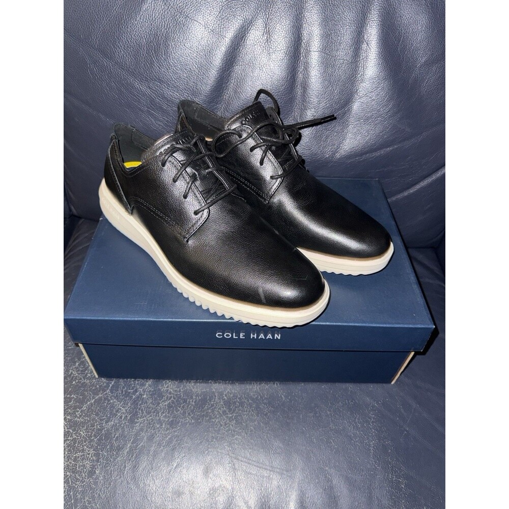 NWB Cole Haan Shoes Mens 11 Grand Plain Toe Oxford Black Leather Ivory C36934